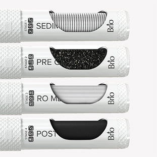 Four white cylindrical filters labeled Brio are shown in a vertical stack. Each filter has a window displaying different internal materials labeled as Sediment, Pre Carbon, RO Membrane, and Post Carbon.